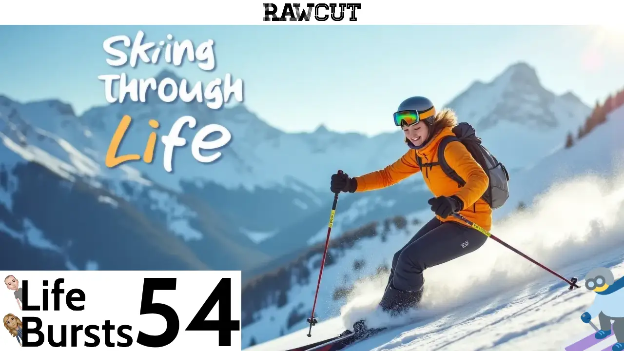 A woman Skiing down a mountain side the text caption beside her says "Skiing Through Life". The caption below says "Life Bursts episode 54".