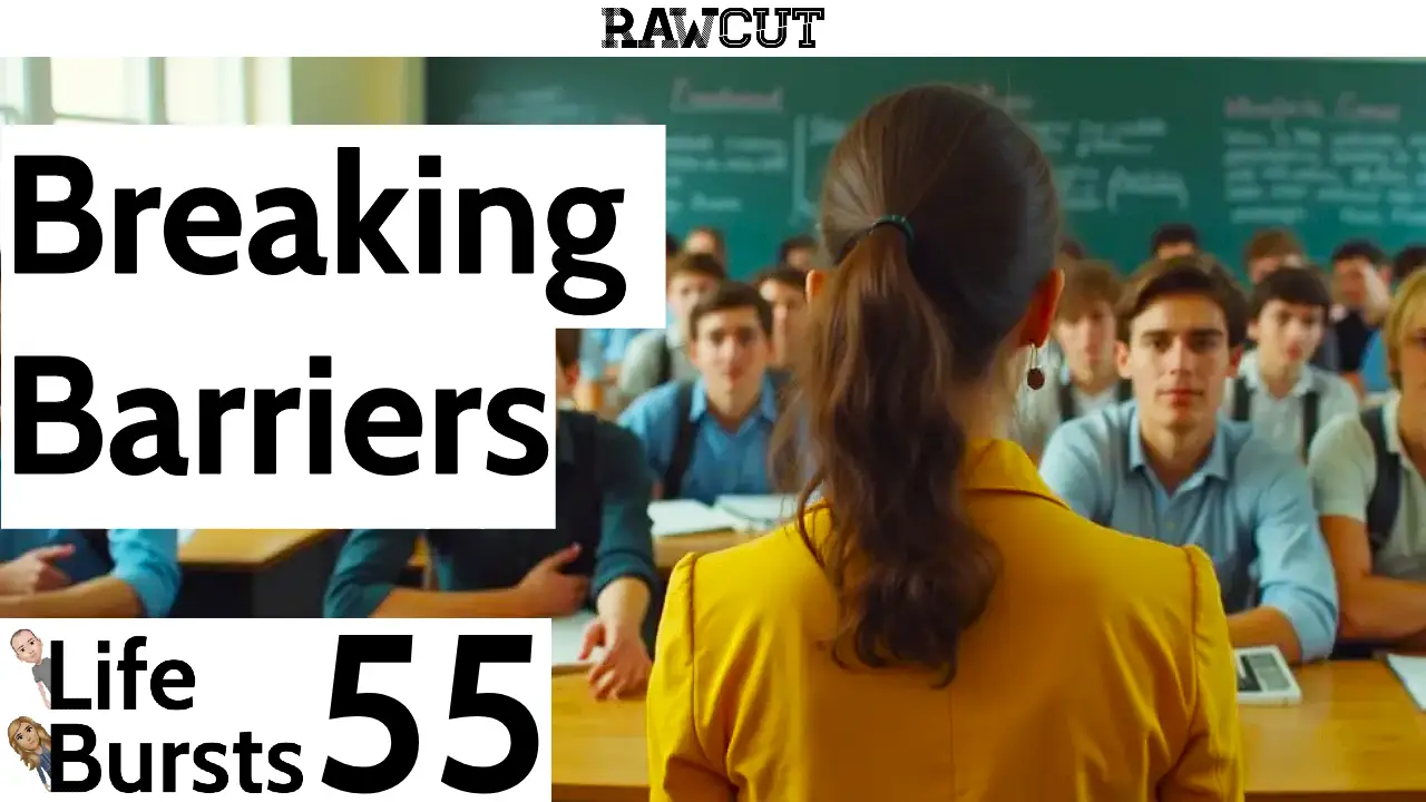 A woman in a 1070s engineering class room presenting to a room filled with men.