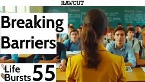 A woman in a 1070s engineering class room presenting to a room filled with men.