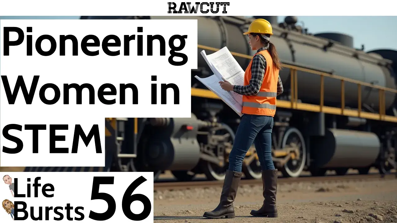 A woman who is an engineer looking at plans whilst standing aside a rail locomotive.